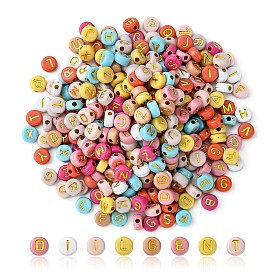 Opaque Mixed Color Acrylic Beads, Metal Enlaced, Flat Round with Random Letters