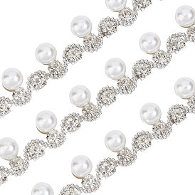 Craspire fer et verre strass tasse chaînes, avec des perles en plastique, chaînes décoratives de robe de mariée, avec du papier cartonné