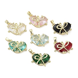Real 18K Gold Plated Brass Glass Pendants, Heart with Bowknot Charm, Lead Free & Cadmium Free, Long-Lasting Plated