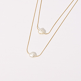 Collier chaîne fine en perles d'eau douce double couche - collier multicouche plaqué or k pour femme