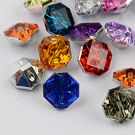 2 hoyos botones octágono rhinestone de acrílico de Taiwán, facetado y plateado plateado hacia atrás