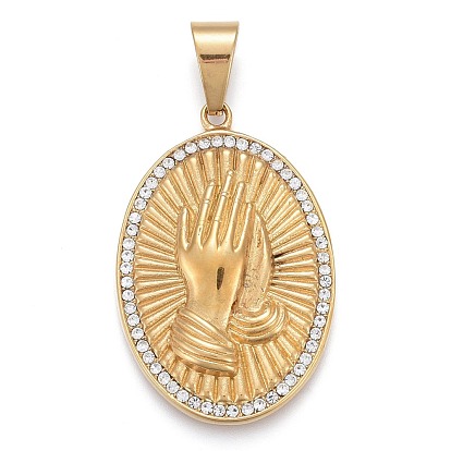 304 Stainless Steel Pendants, with Crystal Rhinestone, Oval with Praying Hands