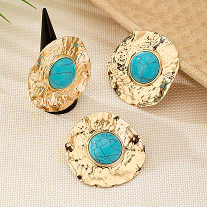 Комплекты из плоских круглых колец из сплава и синтетической бирюзы и сережек-гвоздиков