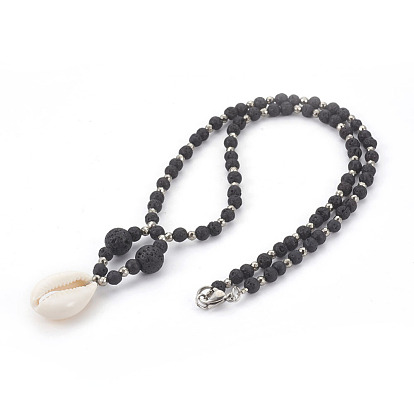 Cowrie Shell Pendant Necklaces, with Electroplate Non-magnetic Hematite Beads, Lava Rock Round Beads and 304 Stainless Steel Lobster Claw Clasps