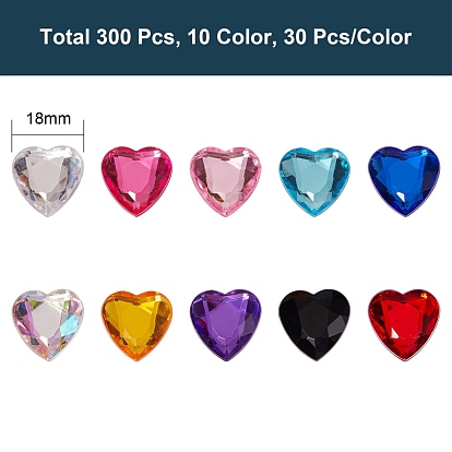 300Pcs 10 Colors Imitation Taiwan Acrylic Rhinestone Cabochons, Flat Back & Faceted, Heart