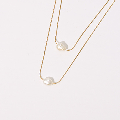 Double Layer Freshwater Pearl Fine Chain Necklace - 14K Gold Plated Multi-Layer Women's Necklace