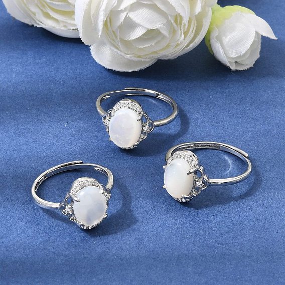 Brass Micro Pave Cubic Zirconia Finger Rings, Oval, with Natural White Shell