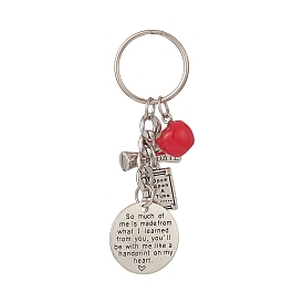 Tibetan Style Alloy Flat Round and Word Pendant Keychain with Apple Resin Charms, for Graduation Gifts