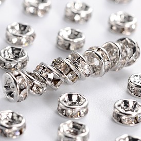 Grade A Rhinestone Spacer Beads, Clear, Brass, Platinum Color, Nickel Free