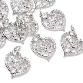SHEGRACE Valentine's Day Brass Clear Cubic Zirconia Pendants, Heart with Tree Charms, Cadmium Free & Lead Free & Nickel Free