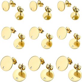 36Pcs 3 Styles Ion Plating(IP) 304 Stainless Steel Stud Earring Findings, Flat Round with Loop and Flat Plate, Ear Nuts/Earring Backs