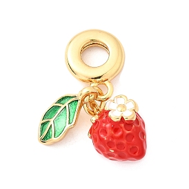 Латунные европейские подвески с подвесками, с зеленой и красной эмалью, Подвески с большими отверстиями, без кадмия и без свинца, клубника и лист