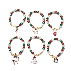 Christmas Alloy Enamel Cup Charms, Glass Pearl Bead Chains for Cup Hanging Ornament, Mixed Shapes