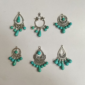 6Pcs 6 Styles Teardrop Dyed Synthetic Turquoise Pendants Set, Tibetan Style Alloy Chandelier Components Link Charm