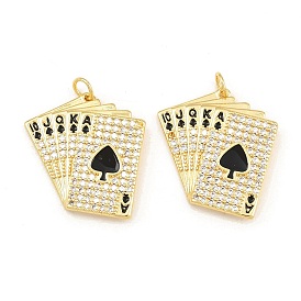 Brass Micro Pave Clear Cubic Zirconia & Black Enamel Pendants, Playing Card Charms, Rack Plating, Long-Lasting Plated, Lead Free & Cadmium Free