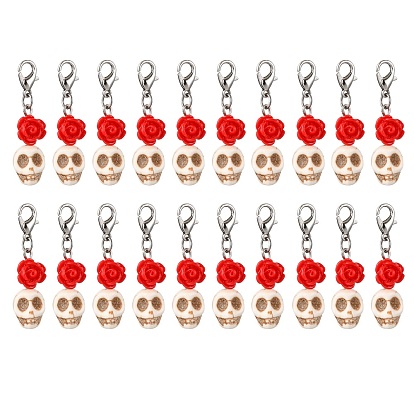 20Piezas de decoraciones colgantes de rosa de resina y turquesa sintética con calavera, con broches de langosta de la aleación de la garra