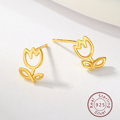 925 Sterling Silver Stud Earrings, Tulip Flower Earrings for Women