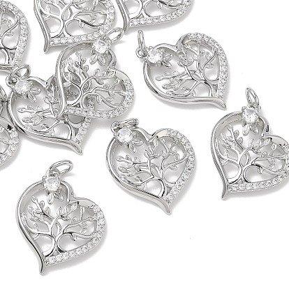 SHEGRACE Valentine's Day Brass Clear Cubic Zirconia Pendants, Heart with Tree Charms, Cadmium Free & Lead Free & Nickel Free