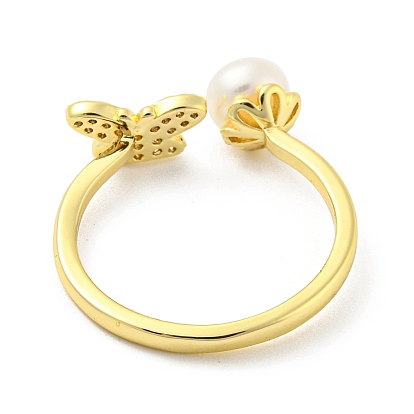 Natural Pearl Butterfly Open Cuff Ring, Brass Finger Ring with Cubic Zirconia
