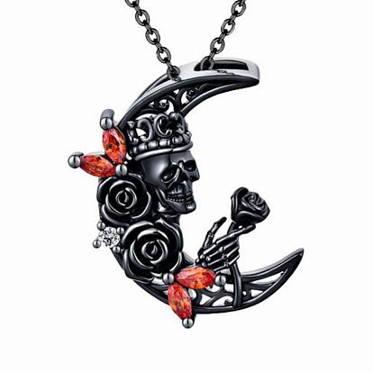 Vintage European and American Punk Style Halloween Crown Skull Pendant Hollow Moon Necklace.