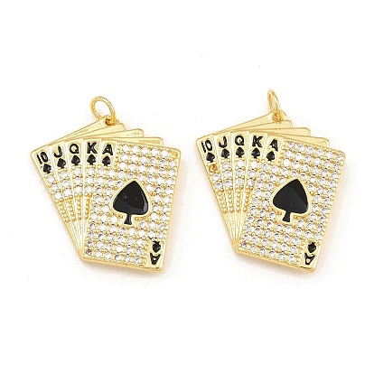 Brass Micro Pave Clear Cubic Zirconia & Black Enamel Pendants, Playing Card Charms, Rack Plating, Long-Lasting Plated, Lead Free & Cadmium Free