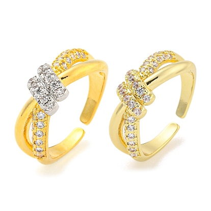 Brass Micro Pave Cubic Zirconia Open Cuff Ring, Criss Cross Rings for Women