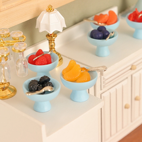 Фрукты из смолы и миска с ложкой из сплава, мини-модель, аксессуары для кукольного домика с микро-ландшафтом, притворяясь опорными украшениями