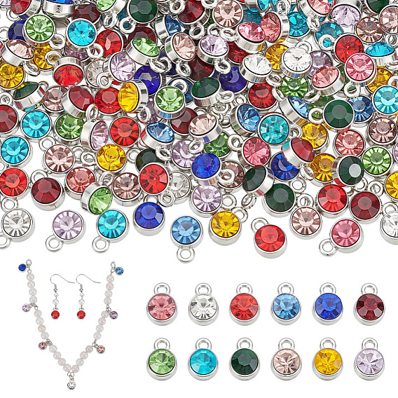 240Pcs 12 Colors Alloy Charms, with Glass Rhinestone, Birthstone Charms, Cadmium Free & Lead Free, Flat Round