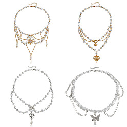 Collar de cruz de mariposa de amor con borla de perlas de imitación de alto brillo de doble capa: joyería europea y americana.
