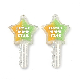 Two Tone Resin Big Pendants, Glitter Powder, Star Key with Word LUCKY & STAR & Heart Pattern