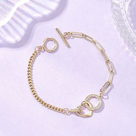 Браслеты из латунных звеньев с микропаве из прозрачных кубических цирконий в форме сердца и кольца, латунные браслеты из скрепок и цепочек панцирного плетения для женщин, с 304 из нержавеющей стали тумблеров застежками