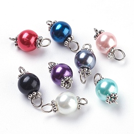 Pearlized Glass Pearl Links Connectors, with Tibetan Style Alloy Bead Spacers and Iron Eye Pin, Round