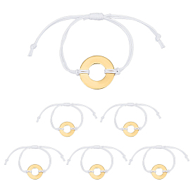 6шт. браслеты из вощеного хлопкового шнура, с латунными прелестями, плоско-круглые, золотые