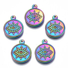 Rainbow Color 304 Stainless Steel Pendants Rhinestone Settings, Cadmium Free & Nickel Free & Lead Free, Flat Round with Eye
