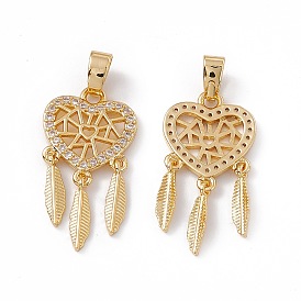 Brass Micro Pave Clear Cubic Zirconia Pendants, Heart Woven Net/Web with Feather Charm