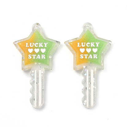 Two Tone Resin Big Pendants, Glitter Powder, Star Key with Word LUCKY & STAR & Heart Pattern
