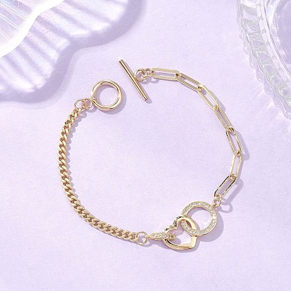Браслеты из латунных звеньев с микропаве из прозрачных кубических цирконий в форме сердца и кольца, латунные браслеты из скрепок и цепочек панцирного плетения для женщин, с 304 из нержавеющей стали тумблеров застежками