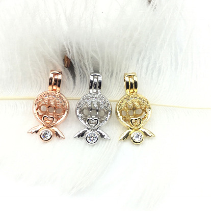 Brass Bead Cage Pendants, with Clear Cubic Zirconia, Angel Charm, for Chime Ball Pendant Necklaces Making