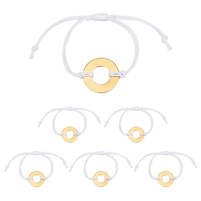 6шт. браслеты из вощеного хлопкового шнура, с латунными прелестями, плоско-круглые, золотые