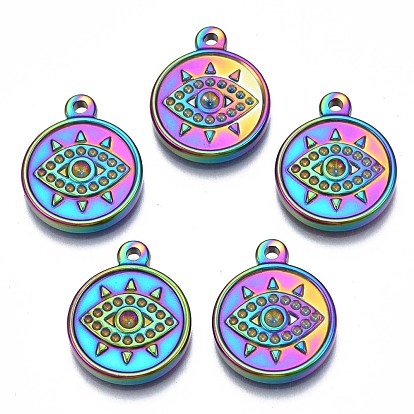 Rainbow Color 304 Stainless Steel Pendants Rhinestone Settings, Cadmium Free & Nickel Free & Lead Free, Flat Round with Eye