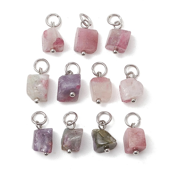 Подвески из натурального разноцветного турмалина, подвески-самородки с латунными соединительными кольцами