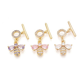 Золотистые латунные застежки-кнопки с микропаве из циркония, со стеклом, пчела