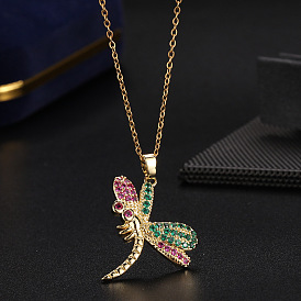 Colorful Zircon Dragonfly Necklace Pendant, Creative and Cute Insect Collarbone Chain
