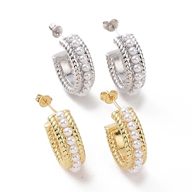 ABS Plastic Pearl Beaded C-shape Stud Earrings, Brass Half Hoop Earrings for Women