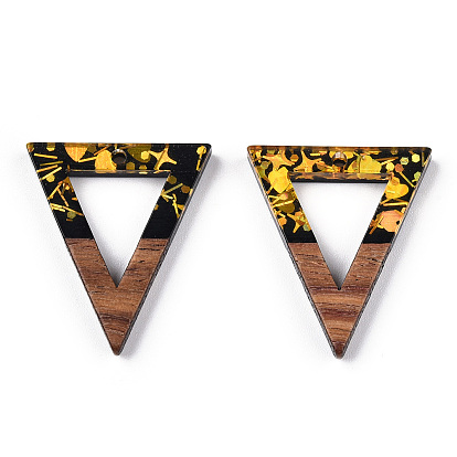 Opaque Resin & Walnut Wood Pendants, Hollow Triangle Charms with Paillettes