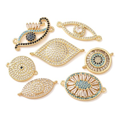 Brass Micro Pave Cubic Zirconia Connector Charms, Evil Eye Links, Rack Plating, Long-Lasting Plated, Cadmium Free & Lead Free
