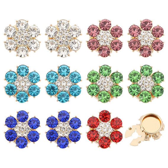 12Pcs 6 Colors Brass Rhinestone Cufflinks, Flower, Golden