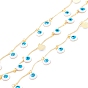 Handmade Textured Brass Bar Link Chains, with Brass Enamel Charm, Flat Round with Evil Eye, Long-Lasting Plated, Soldered, with Spool, Golden