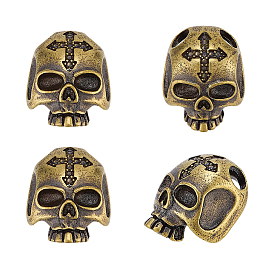 4pcs perles européennes en laiton, Perles avec un grand trou   , crâne avec croix