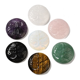 Gemstone Pendants, Flat Round Charms with Engraved Tree of Life